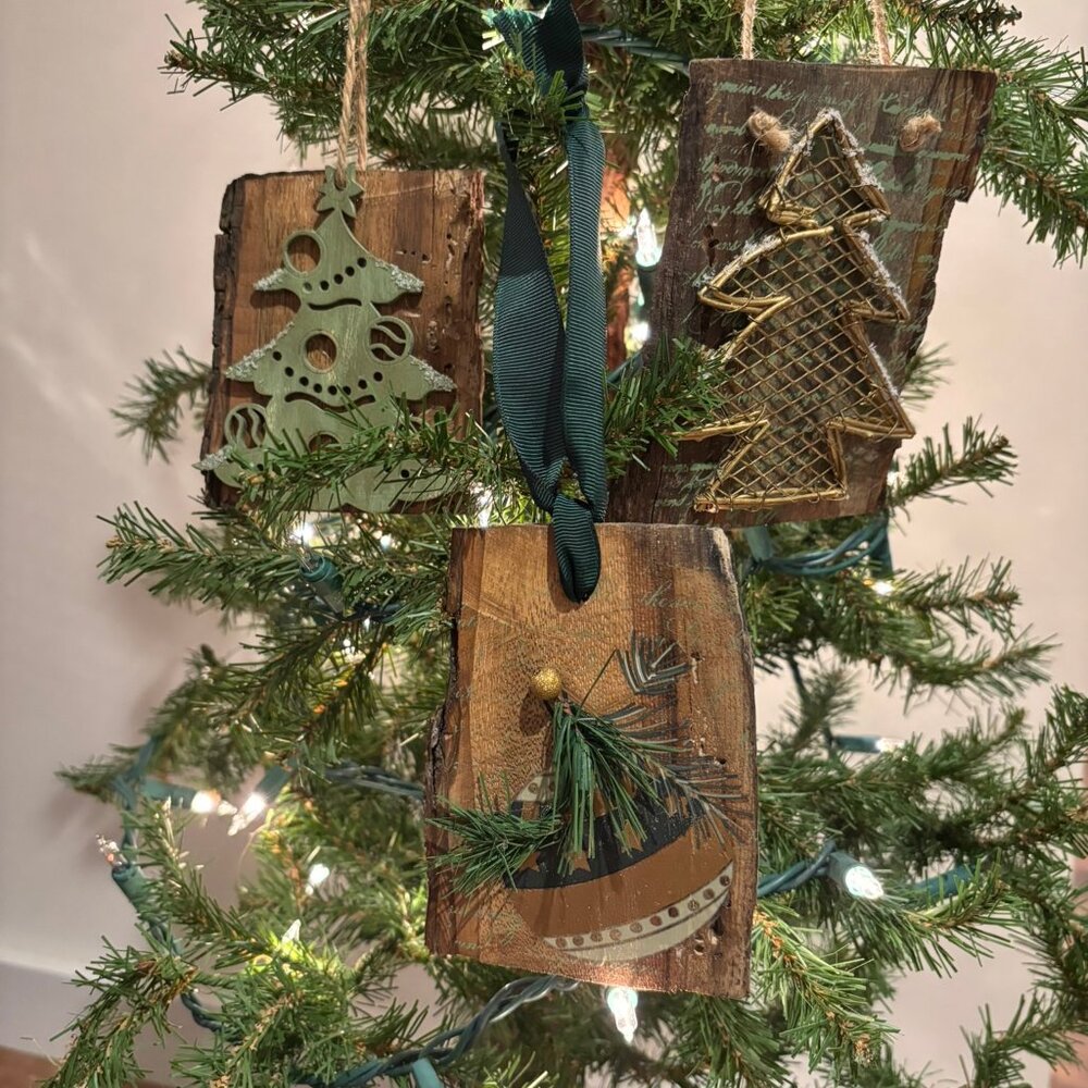 Handcrafted Rustic Oak wood slice Christmas ornaments set of 3
